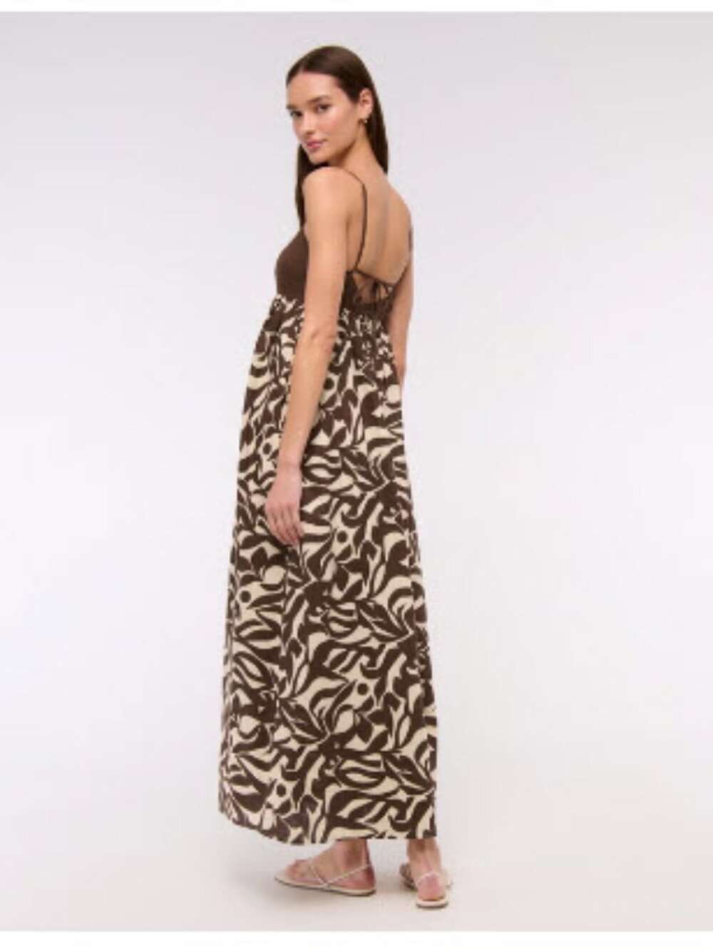 Womens Abercrombie & Fitch (Item-12) Brown Cream Tie Back Babydoll Maxi Dress M - Picture 2 of 11